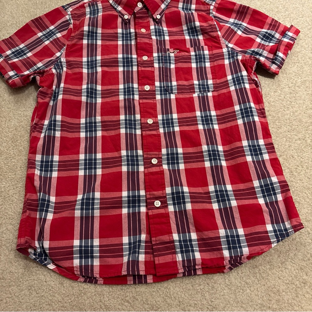 Hollister Red Checkered Plaid Short Sleeve Button Up Shirt Mens Size XL - Picture 4 of 12